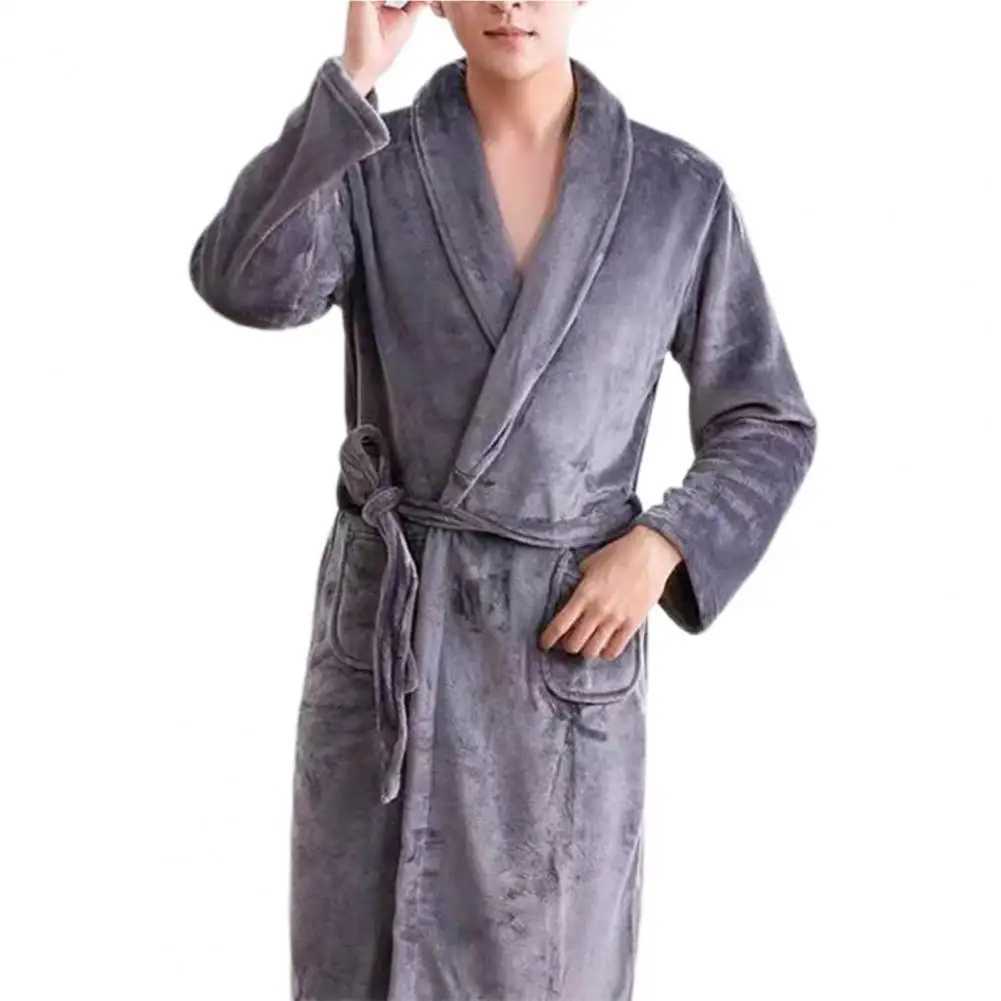 Autumn and Winter Mens Night Light Flannel Pocket Collar Long Sve Robe Large Size Thick Rotating Door Collar Bathroom W241023