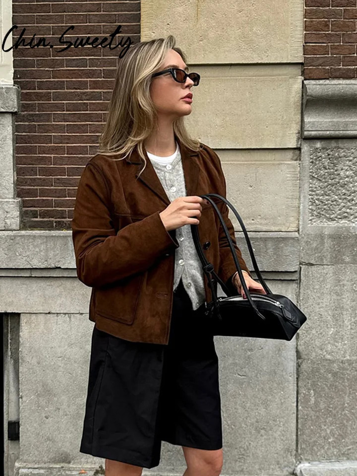 Brown suede short womens jacket casual long sleeved single button lapel womens coat autumn vintage womens streetwear 241023
