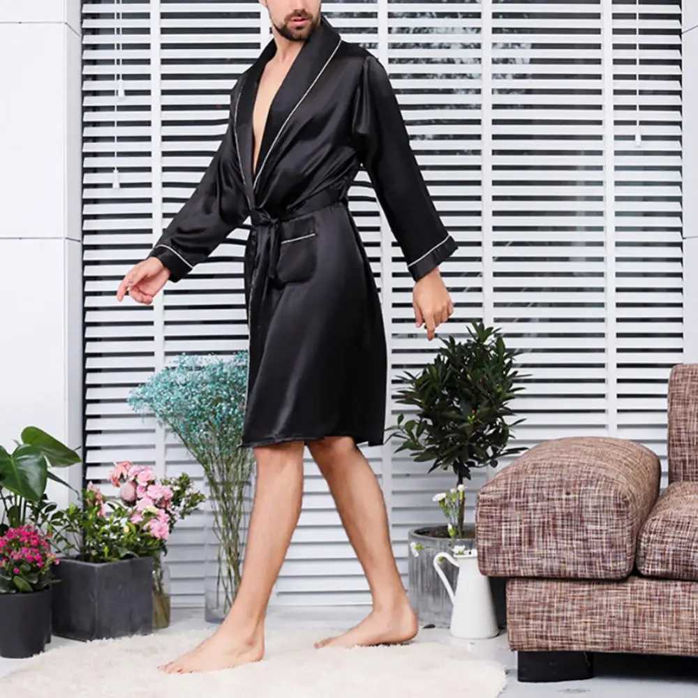 Spwear pocket mens summer imitation silk with waist bathrobe home textile W241023