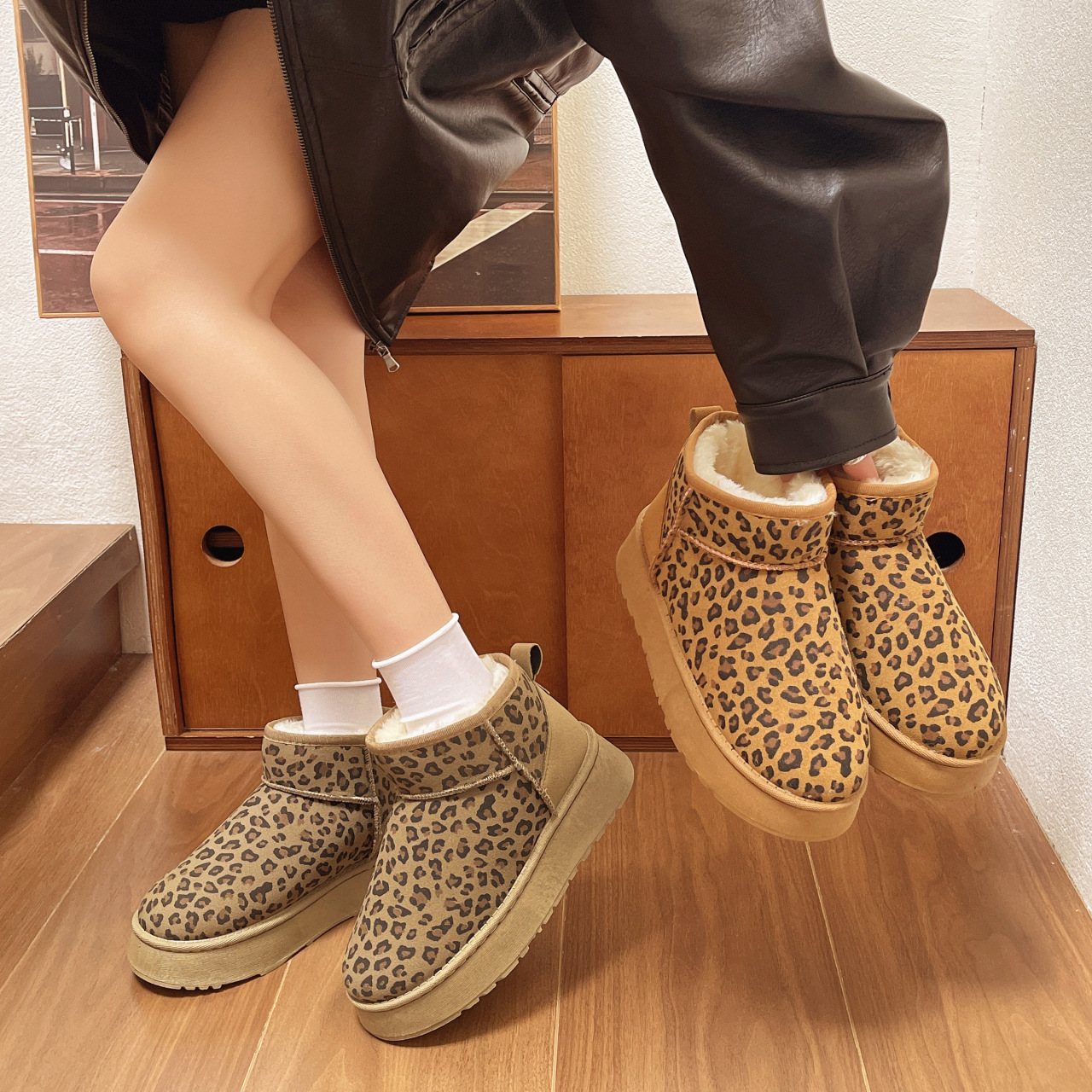 Winter Women's Snow Boots Thickened Plush Warm Leopard Print Cotton Boots