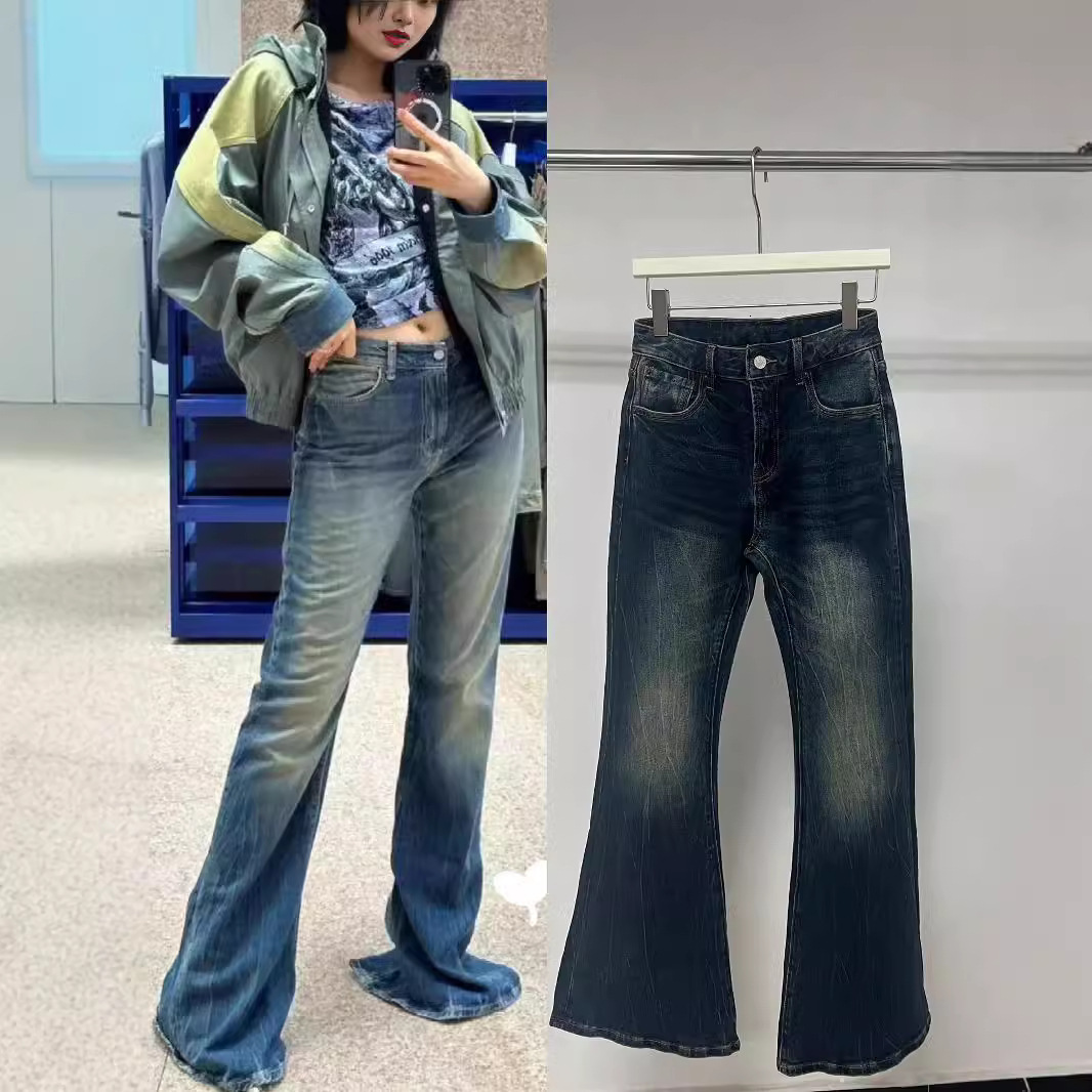 Designer's new AC home texture pattern autumn winter, showing long legs and elastic high waisted jeans for women, flared pants