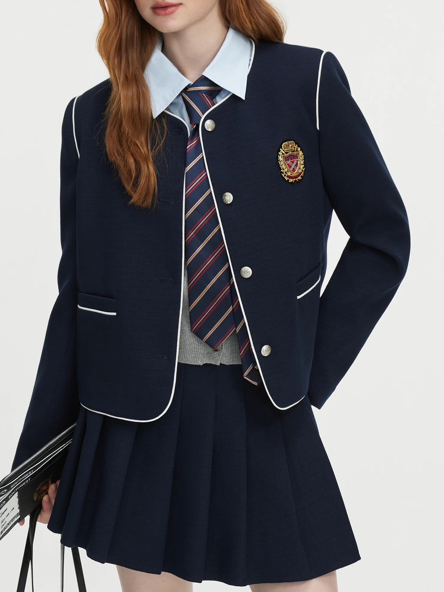 FSLE womens short sleeved college style round neck single corset autumn style office womens navy blue coarse woolen coat 24FS13166 241023