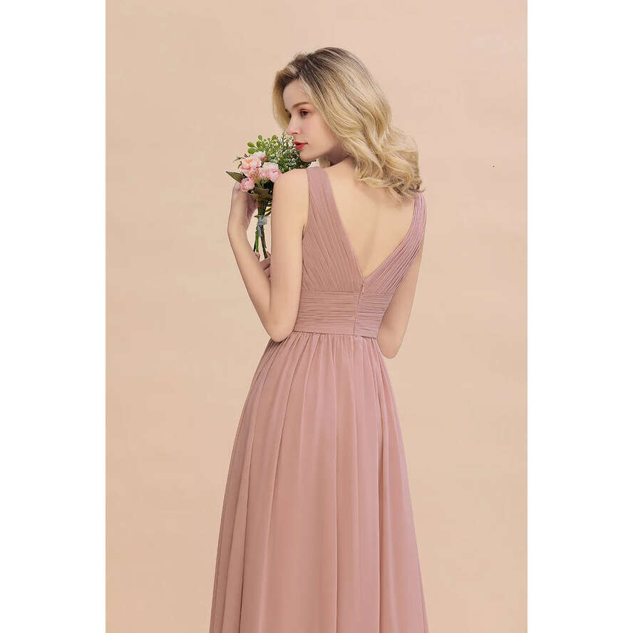Chiffon Bridmesaid Pink Dusty Dresses Designer A E V Neck Pleats Long Summer Garden Bohemian Wedding Guest Maid Of Honor Gowns Custom Made Bm0752