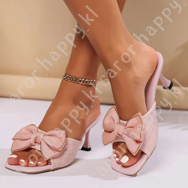 White Bowknot High Heels Sandals Women Fashion Square Open Toe Dress Pumps Woman Summer Sexy Thin Heeled Slippers Plus Size 42 589