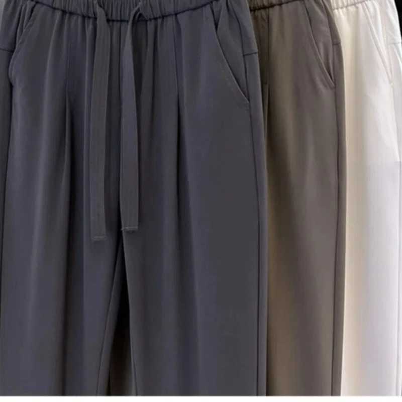 Simplicity Fashion Casual Summer Solid Ice Silk Mens Elastic Waist Drstring Pocket Trend Versatile Loose Straight Suit PantsX241023