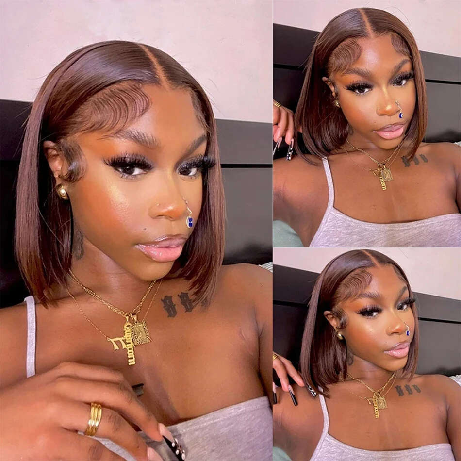 Brazilian Remy 4# Chocolate Straight Short Bob Wigs Honey Brown 13x4 Transparent Lace Front Human Hair Wig