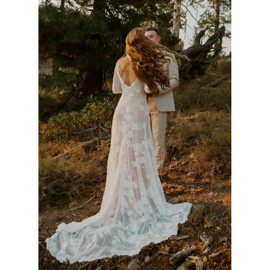 Lace Bohemian Romantic Tulle Wedding Dresses Sexy Backless A E Scoop Neck Appliques Quarter Sleeve Bridal Gowns Plus Size Bc18357 ppliques