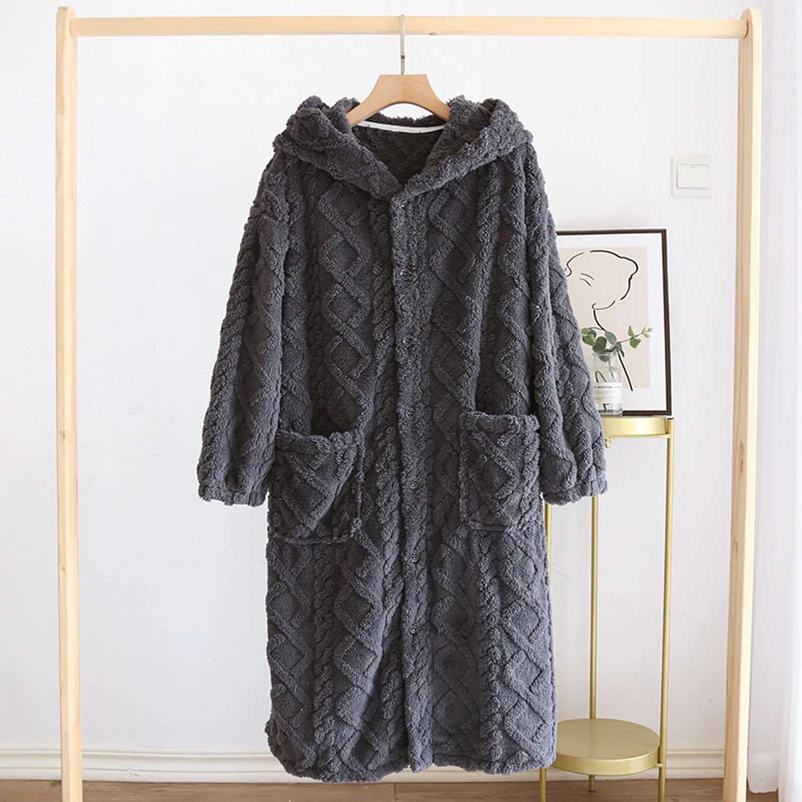 Mens Winter Spwear Robe Mens Fce Sleepwear Loose Thick House Shower Robe Mens Warm Plush Sp Robe Nightwear W241023