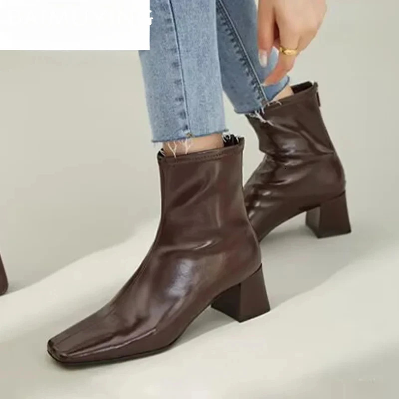 High Heels Ankle Square Toe Short and Fat Leather Shoes Women 2025 Trend Winter Boots Goth Gladiator Botas De Mujer 241106