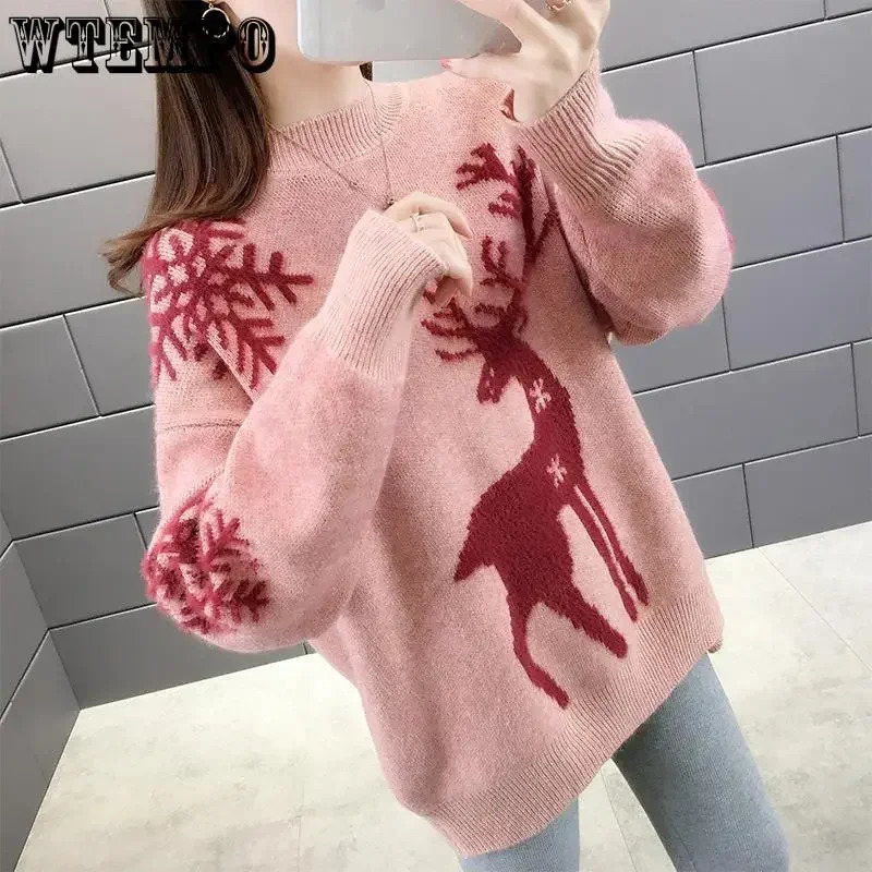 WTEMPO Christmas Year Loose Knitted Sweaters Women Autumn Winter Warm Pullover Top All Match Sweater Bottoming Shirt Female 241021