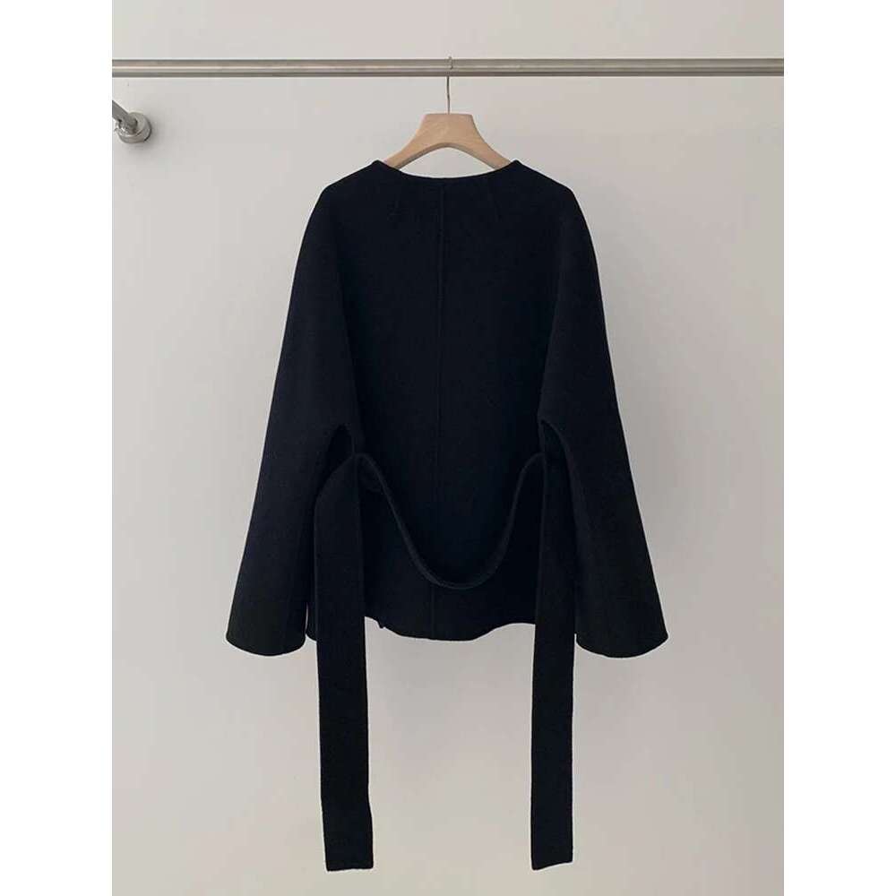 Rose Korean Double-Sided Cashmere Winter New Short Warm Fashion Lace-Up Casual Round Neck Wool Coat Women