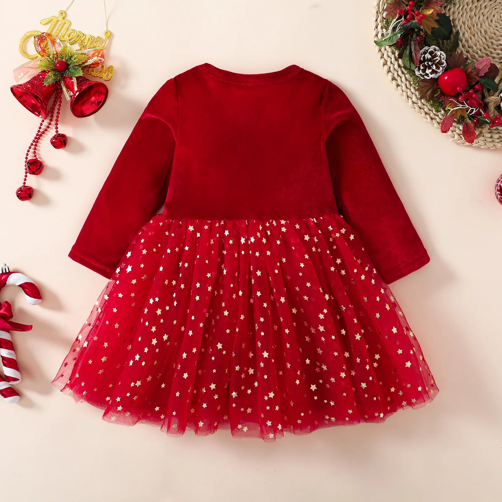 Christmas baby clothing 1-5 Y girl star grid patchwork dress autumn long sleeved princess dress Years clothing 241022
