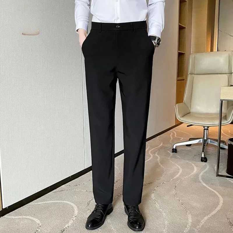 Mens Clothing Solid Color High Waisted Pockets Button Zipper Casual Trousers Trouser Suits Pencil Boyfriend Business PantsX241023