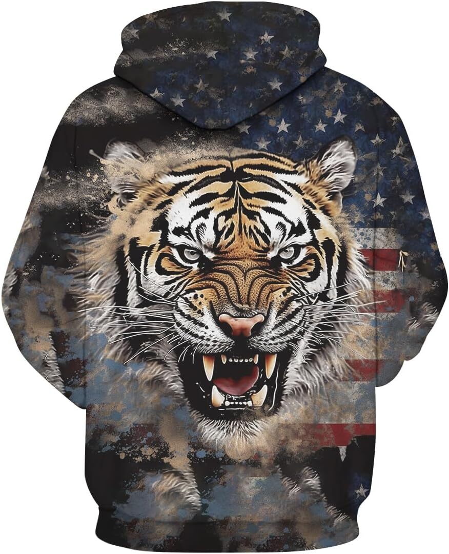 Hoodie for Mens Womens Mens American Flag Hoodie 3D Tiger Printing Hoodies Fantasy Animal Sweatshirts Pullover Graphic Hoodies sweatshirt Pullover Lon