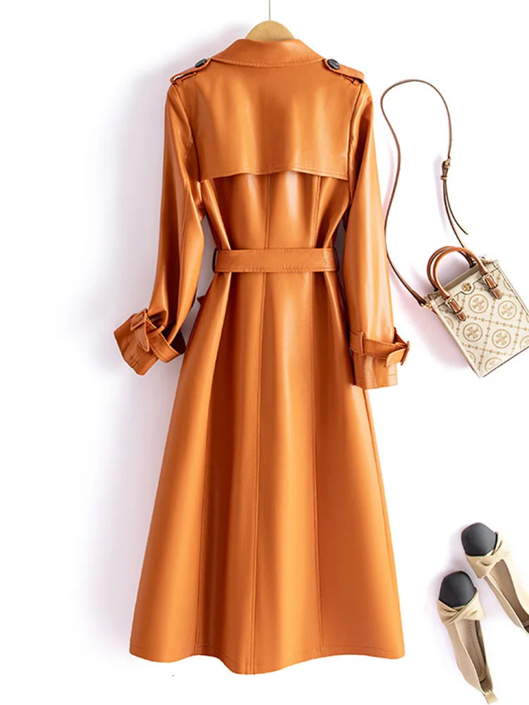 Fashionable womens double breasted lace waistband leather trench coat autumn and winter mid length womens sheepskin coat 241023