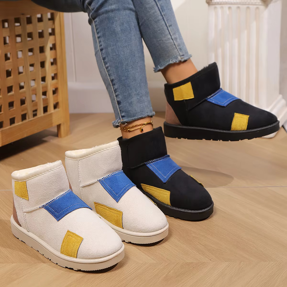 Winter Short-Tube Matching Color Cashmere Cotton Flat Wear-Resistant Fashion Designer Thick Soles Plus Plush Comfort Snow Boots