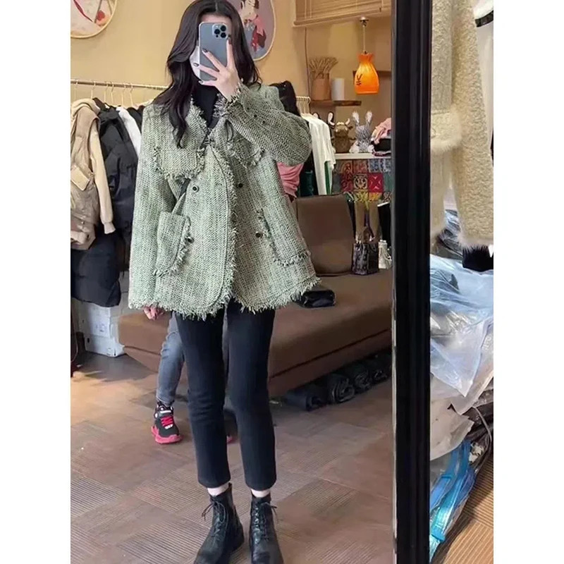 MEXZT Vintage Tweed Jackets Women Korean Tassel Patchwork Thick Warm Coats Elegant Loose Casual All Match Chic Outerwear Tops