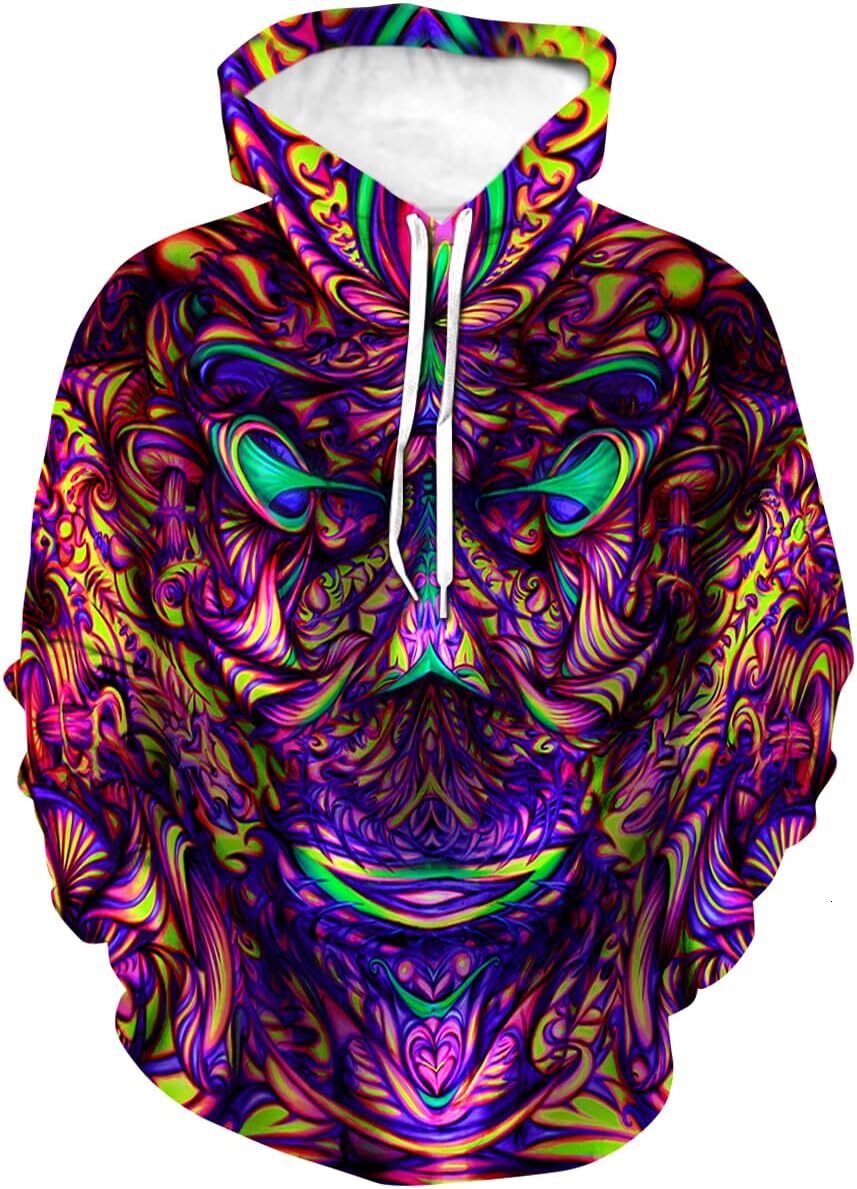 Hoodie for Mens Womens Mens Trippy Psychedelic Face Hoodie Novelty Skull Painted Abstract Pattern Sweatshirt Pullover Sweater Graphic Hip hop Warmth