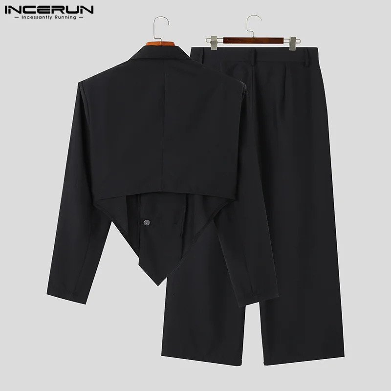 INCERUN Mens Solid Color Autumn Collar Long Sleeve Irregular Jacket and Pants 2PCS Street Clothing Mens Casual Set 241023