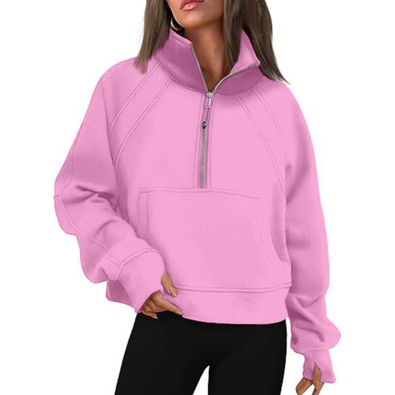High end s Women Half Zipper Stand Up Collar Solid Sweat Shirt European and American Autumn Winter Y k Plush Loose Short Sweats Top Pluh Looe