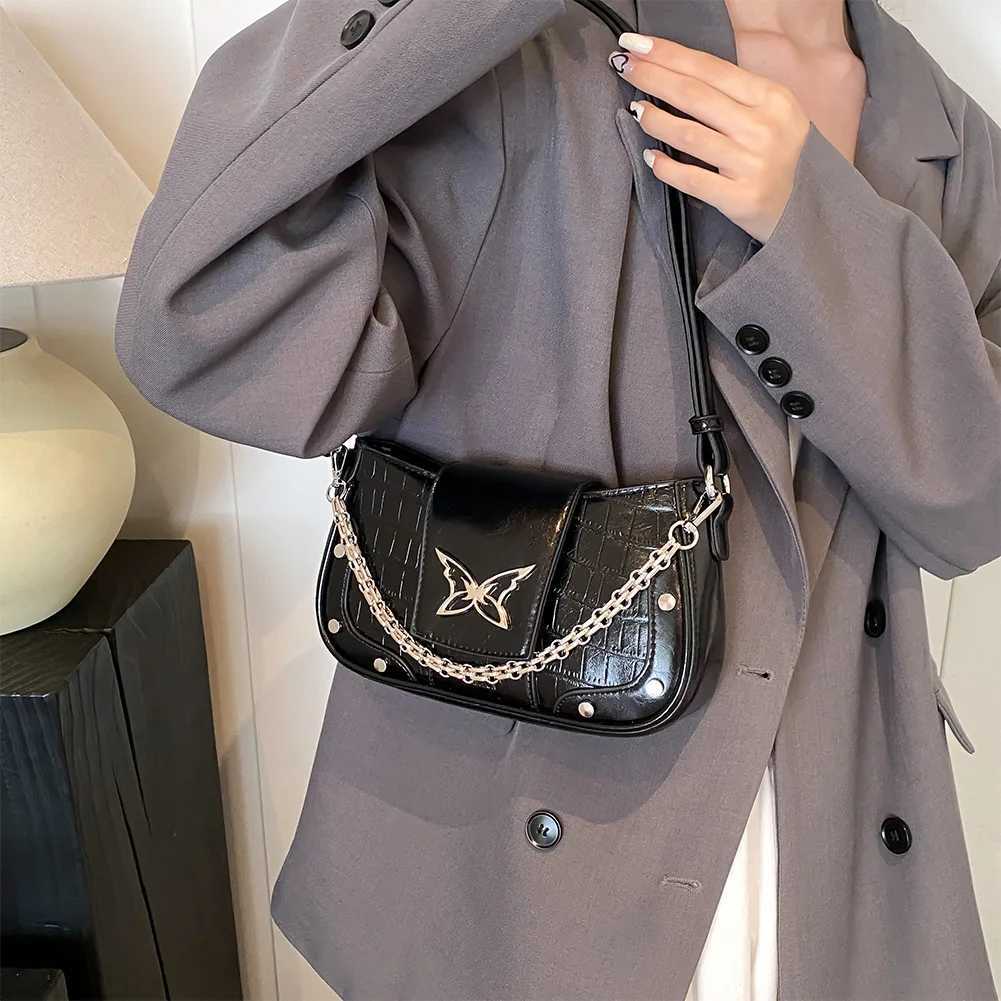 Women Pu Leather Shoulder Bag Butterfly Pattern Y2k Handbag with Chain Hobo Adjustable Strap Satchel Purse for Work 241023