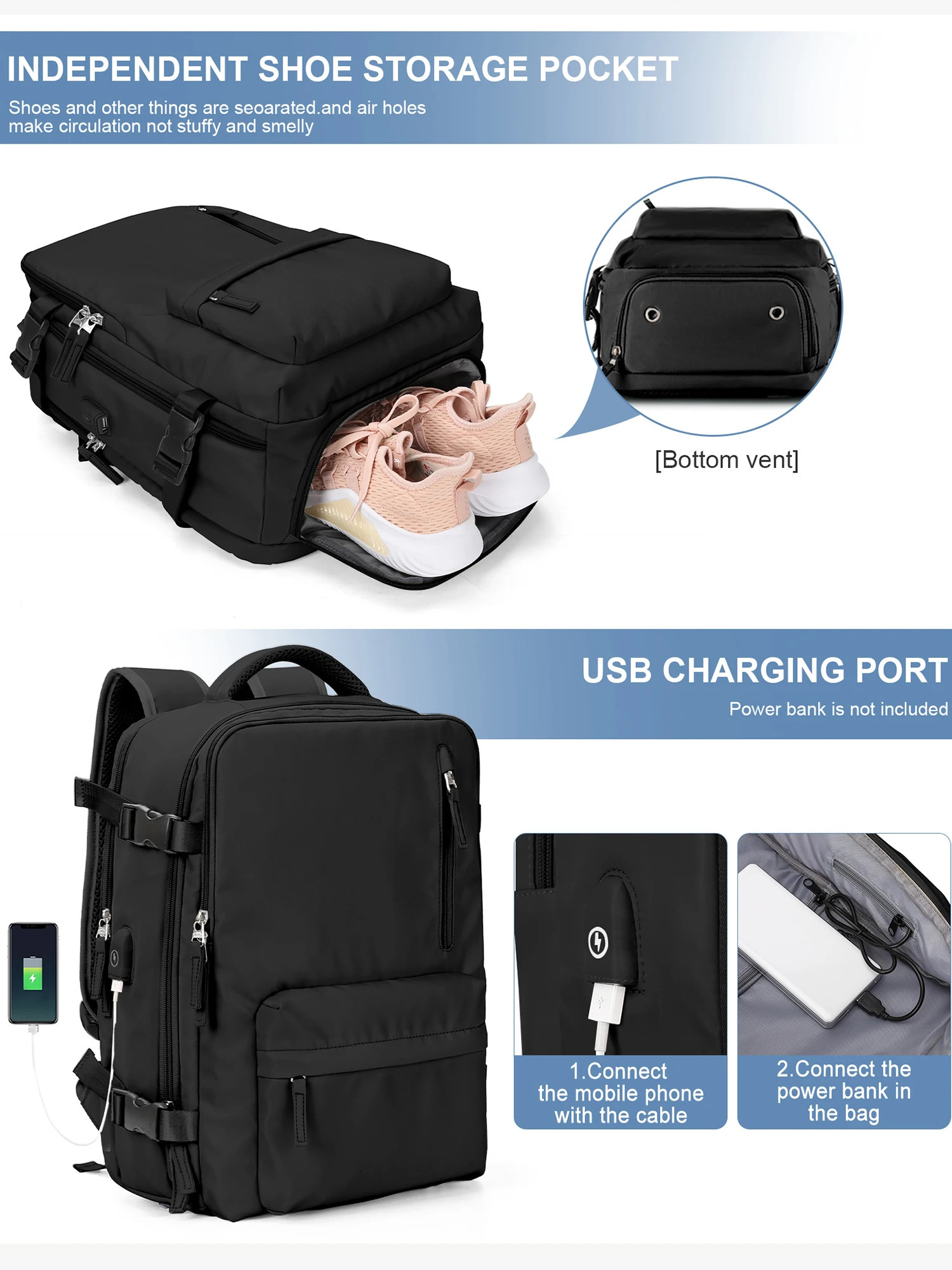 Mens travel backpack portable backpack with USB charging TSA 15.6-inch laptop business hiking leisure day bag 241023