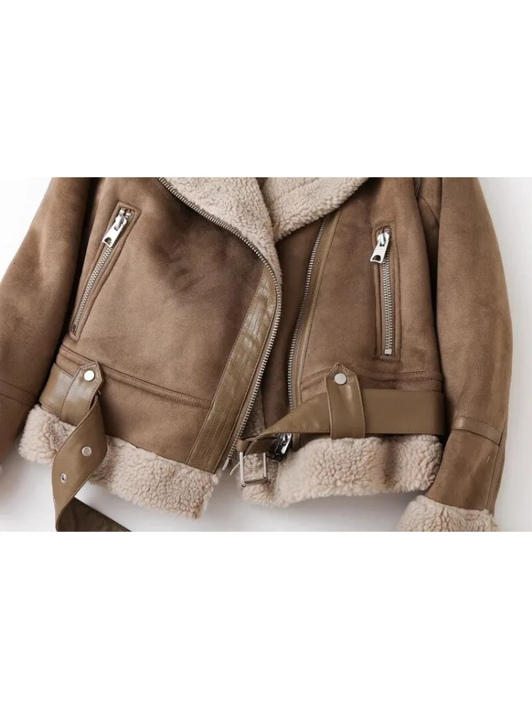 Womens faux fur sheepskin coat suede jacket with belt casual thick warm bicycle jacket zipper oversized leather windproof jacket 241023