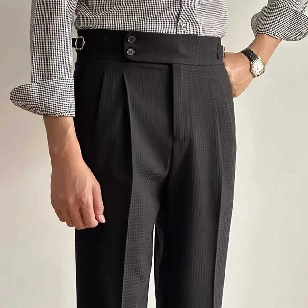 Mens Pants Suit Business British Office Casual Dress Pants Wfle Texture Chic Buckle High Waist Suit Pants Summer Mens ClothingX241023
