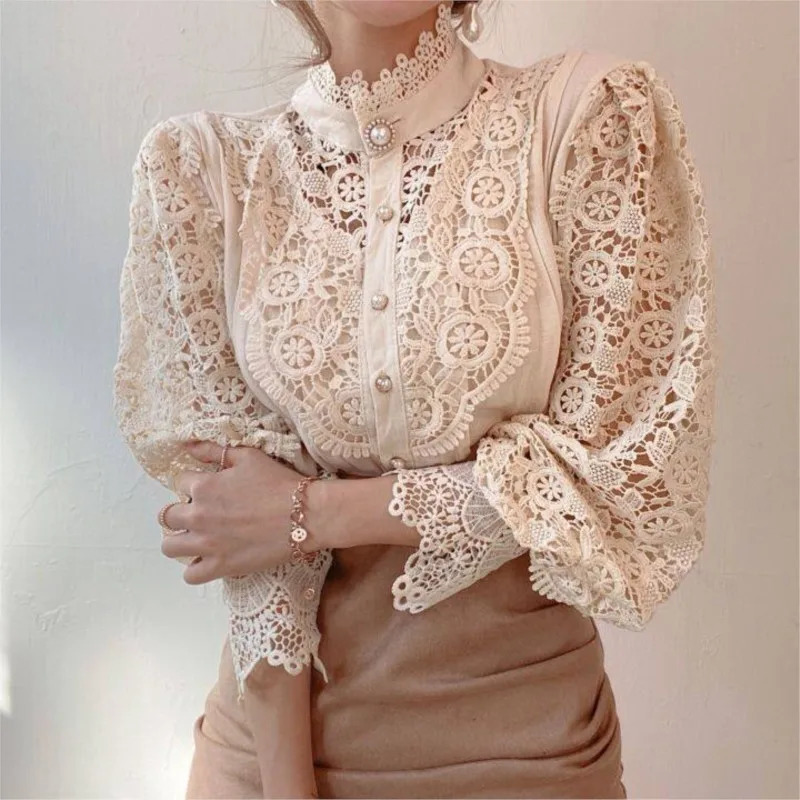 Elegant Stand Collar Long Sleeve Single Breasted Shirt Top Womens Fashion Spring Solid Color Lace Hollow Office Female 241022