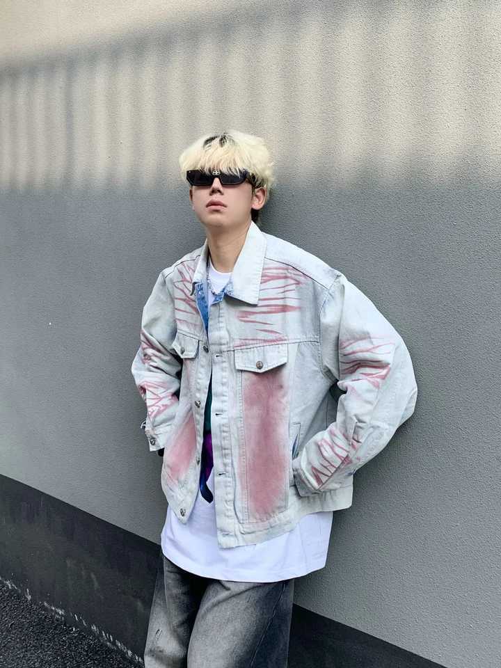 Y2K vintage denim jacket high stripes fashionable embroidered collar motorcycle jacket loose casual mens clothing X241023