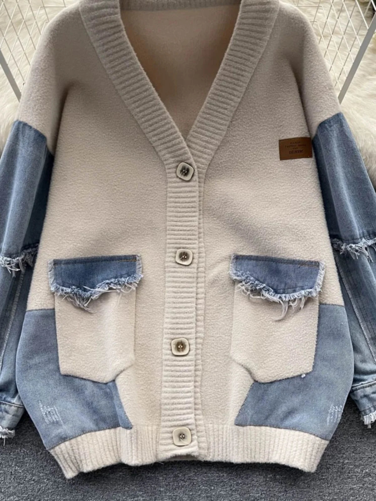 Korean Vintage Beige Patchwork Denim Single Breasted Knit Cardigan Sweater Autumn Winter Women V Neck Long Sleeve Tops Trend 241021