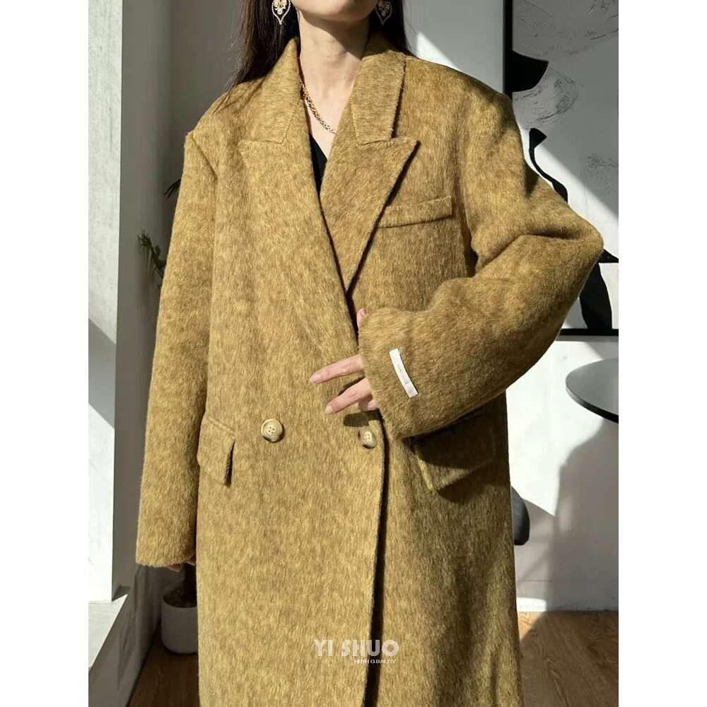 Rose Green Double-Sided Cashmere Suit Collar Straight Fit Long Wool Elegant Slim Woolen Coat Women 2023 New
