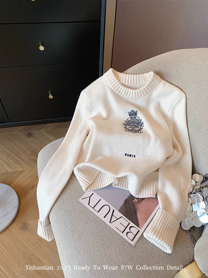 Letters Embroidery Round Neck Pullover Sweater For Women Autumn Spring 2024 Casual Loose Knitted Tops Streetwear F447 241018