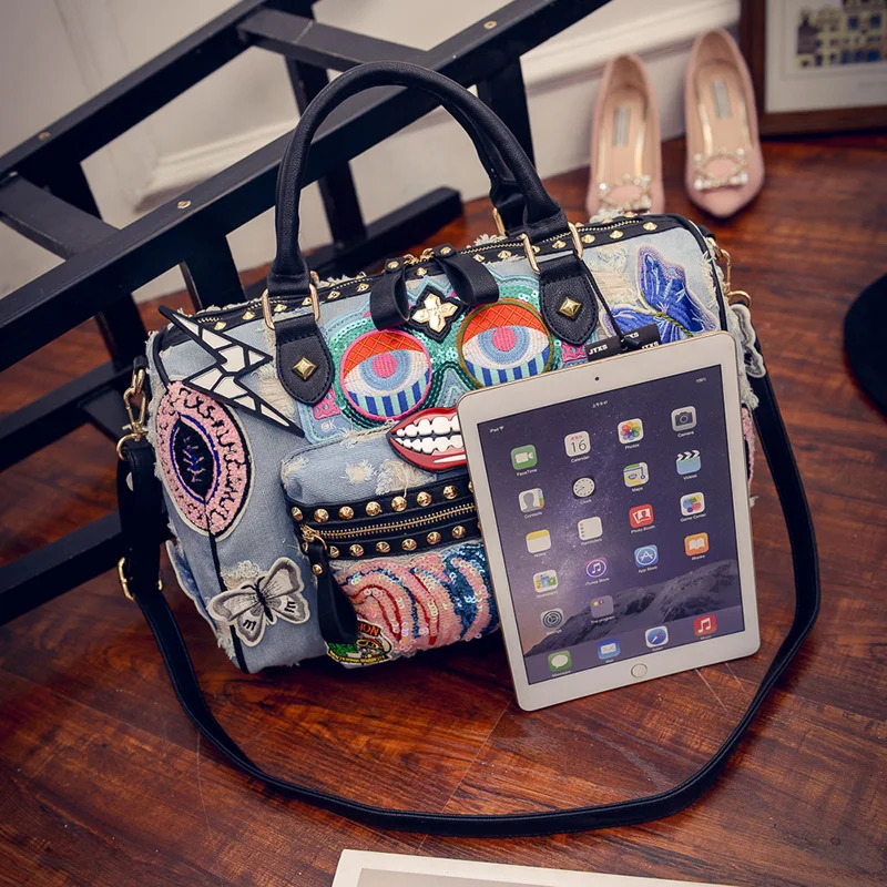 Rock Style Fashion Women Denim Handbags Casual Shoulder Bags Vintage Demin Blue Top Handle Bags Bolsa Large Travel Bags 241023
