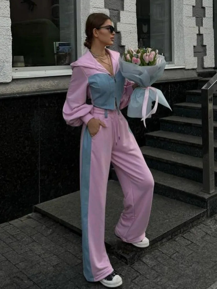 Fashion Patchwork Denim 2-piece Set Womens Ultra Thin Hoodie Cutting Top Wide Leg Sports Pants Suit Casual Track Wear 241023