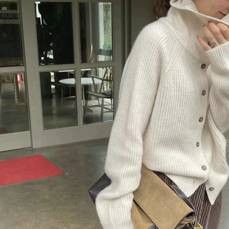 Turtleneck cardigan wool womens 100% pure wool sweater autumn and winter loose thick cashmere bottom sweater knitted jacket 241022
