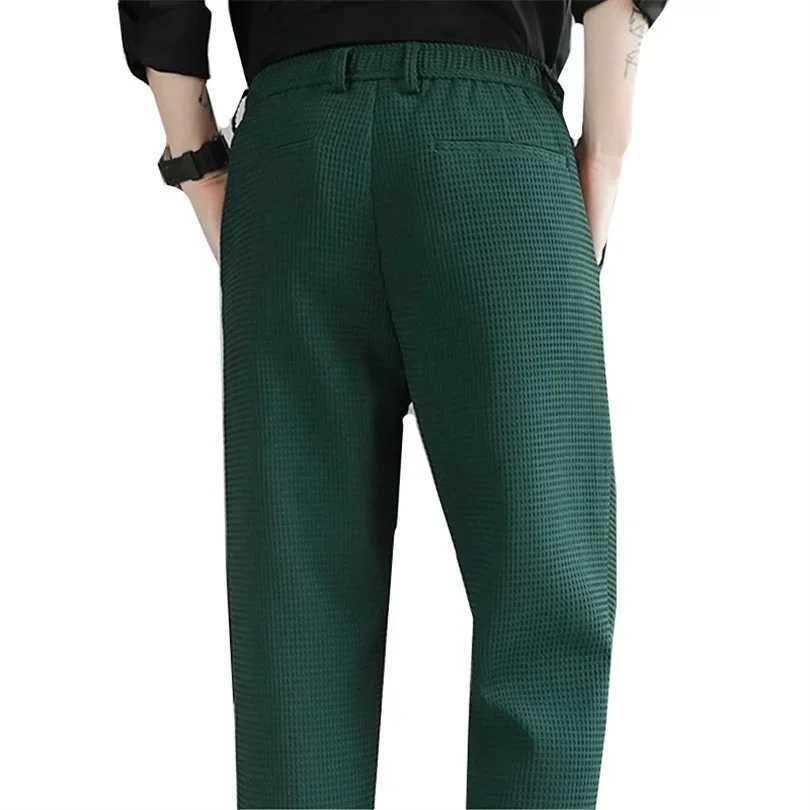 Autumn and WinterDark Green Suit Pants Mens Fashion Slim Pants Korean Style Waffle Male Trousers Black White Khaki BrownX241023