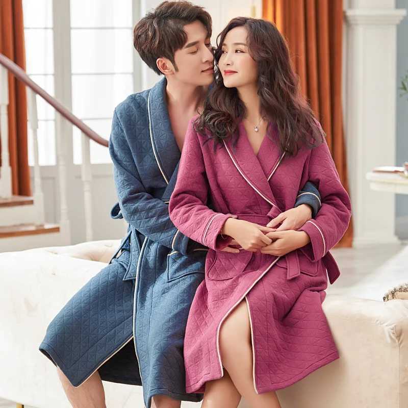 Thr Layers Cotton Couples Bathrobes thin duvet cover V-neck long Sve Lover mens kimono warm mens bathroom jacket W241023