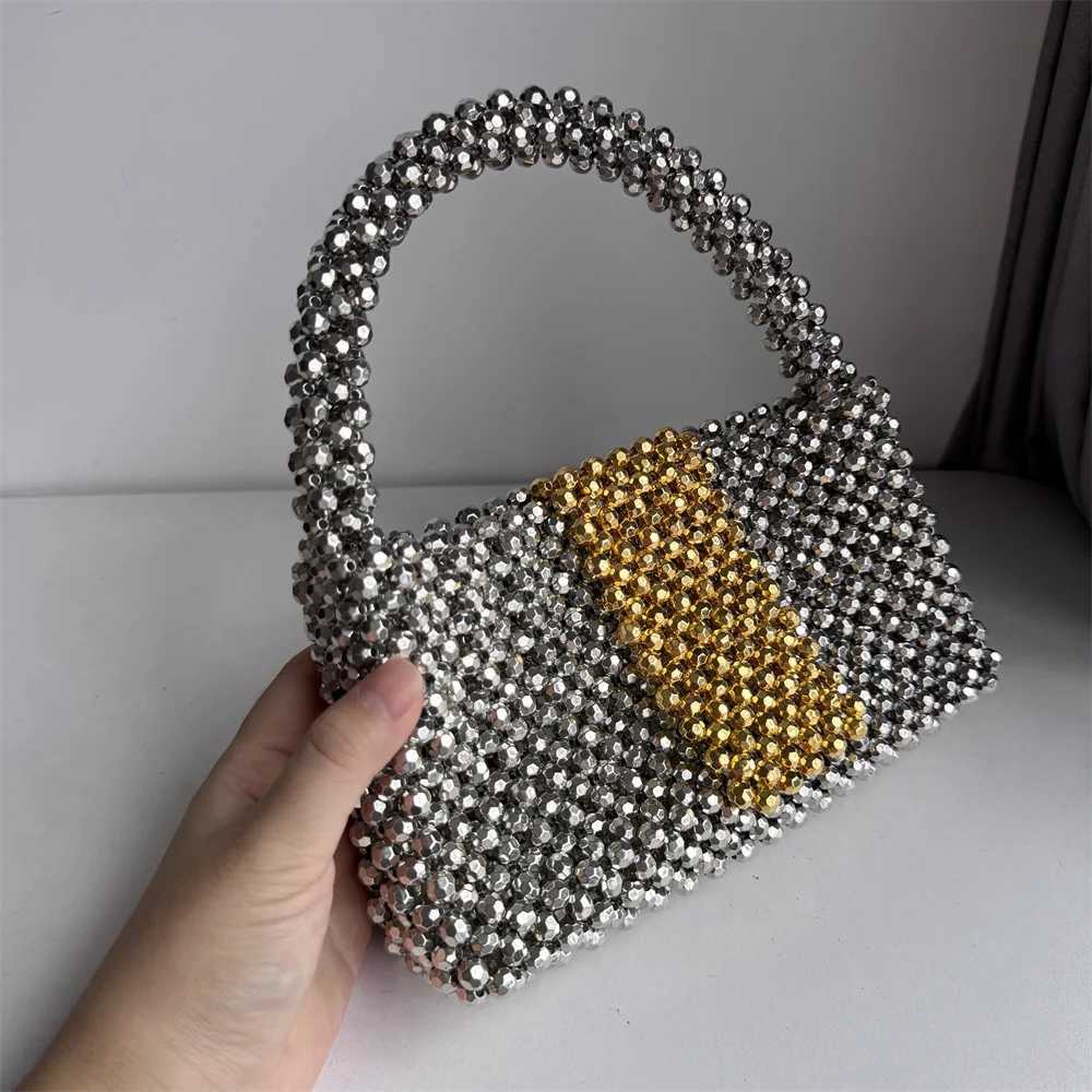 Handmade Beading Bag Ladies Silver Gold Plated Shoulder Handle Portable Handbag Flap Bucket Rocky Girl Y2k Clutches Acrylic 241023