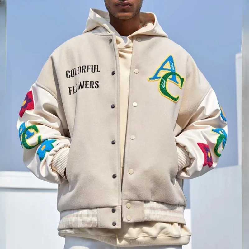 Floral embroidery plush jacket mens and womens T-shirt college baseball jacket motorcycle patch work hip-hop bomber jacket autumn 2023 X241023