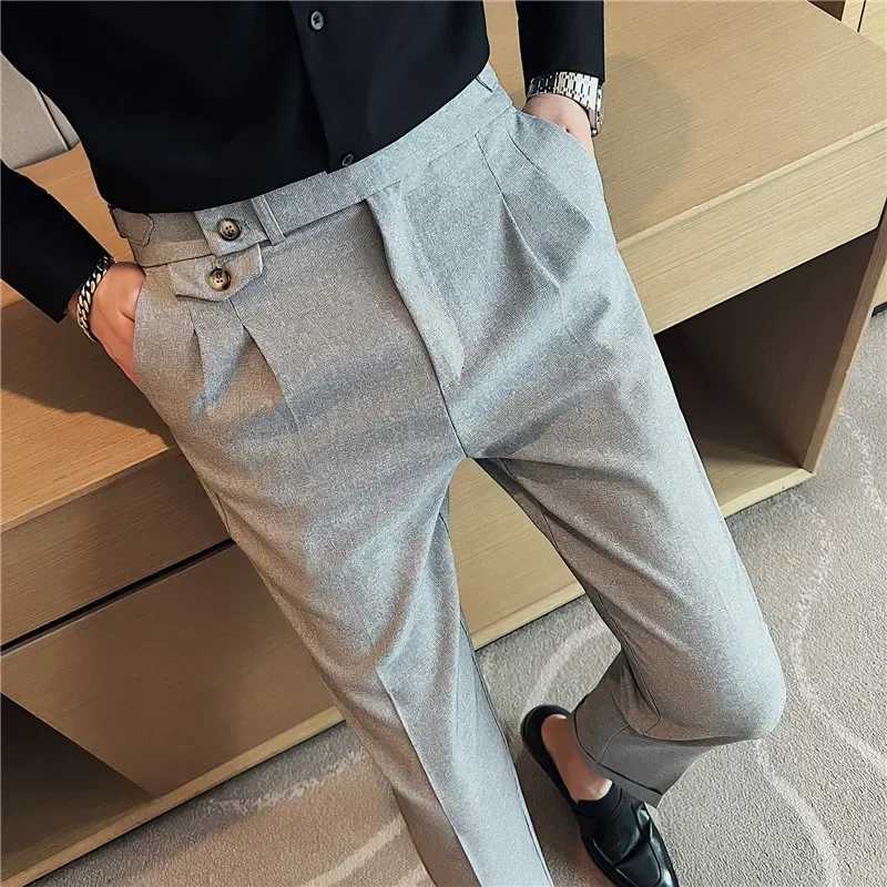British Style Men High Waist Dress Pants 2024 Autumn Solid Color Casual Trousers Slim Fit Formal Suit Pants Fashion Men ClothingX241023
