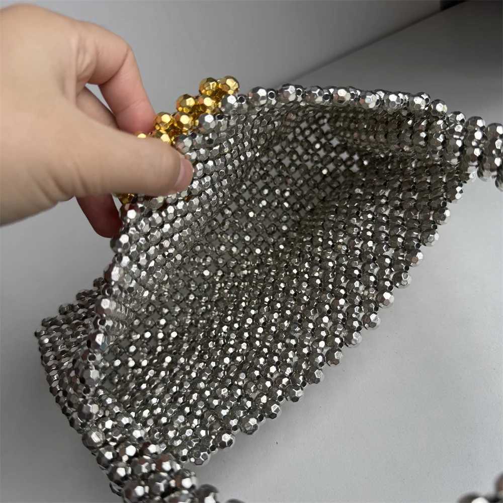Handmade Beading Bag Ladies Silver Gold Plated Shoulder Handle Portable Handbag Flap Bucket Rocky Girl Y2k Clutches Acrylic 241023