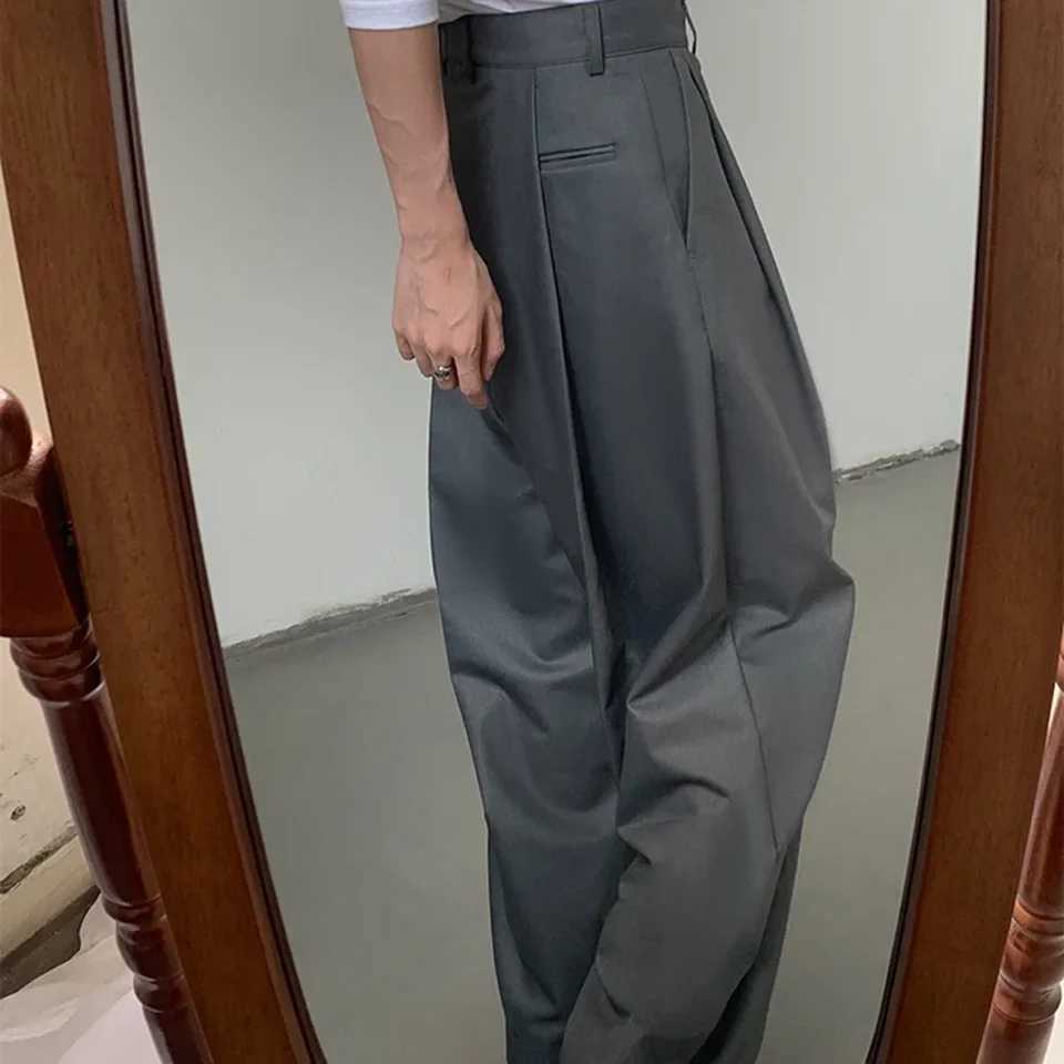 Mens Solid Baggy Fold Straight Wide Leg Grey Suit Pants Fashion Vintage Trousers Mens Clothing Cargo Pants Handsome SweatpantsX241023