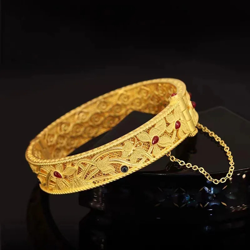 designer bracelet women luxury jewelry gold Chinese Fashion Enamel Cymbidium Orchid Heart for Women 24K Genuine Gold Antique style Buckle Bracelet Hol - view 3
