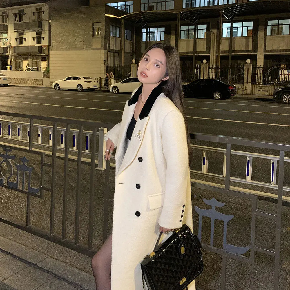 White set wool coat womens winter jacket Korean fashion loose temperature medium length thick wool coat winter clothing 241023