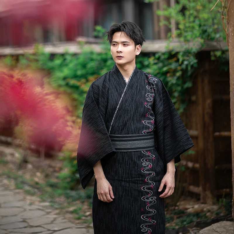 Traditional Japanese Yukata kimono with bath belt and special embroidered home clothing W241023