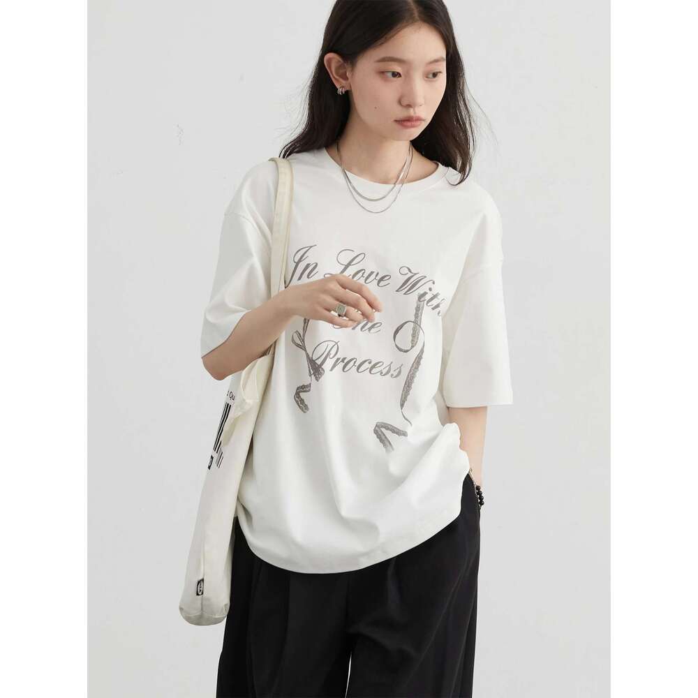 CHIC VEN Women T-Shirts New Minimalist Cotton Letter Printed Knitted T-Shirt Loose Short Sleeved Female Top Spring Autumn