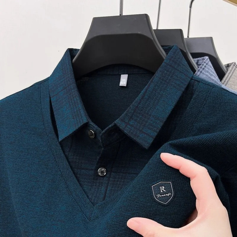 2024AutumnWinter Mens POLO Shirt Exquisite Printed Two piece Long Sleeve Korean Trendy Collar Mens Wear 241010