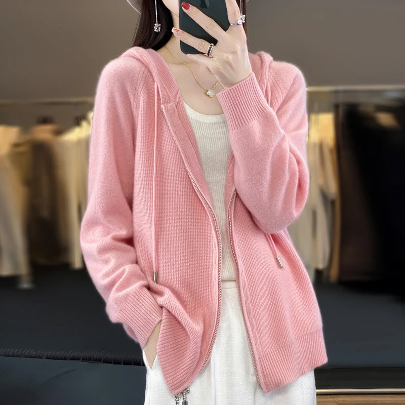 100% cashmere sweater womens hooded cardigan fashionable loose cashmere sweater womens thick top Korean version 241022