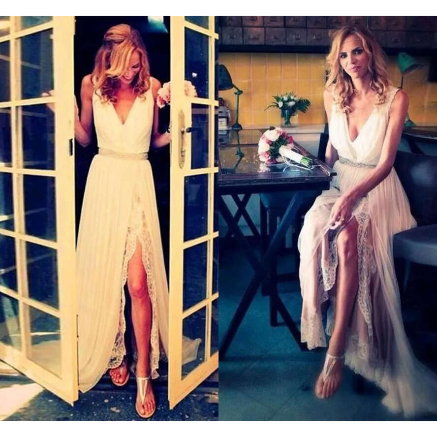 Beach Hot Sale Summer Bohemian A E Wedding Dresses Backless W Chiffon Empire Waist Side Slit Sexy Lace Bridal Gowns mpire aist